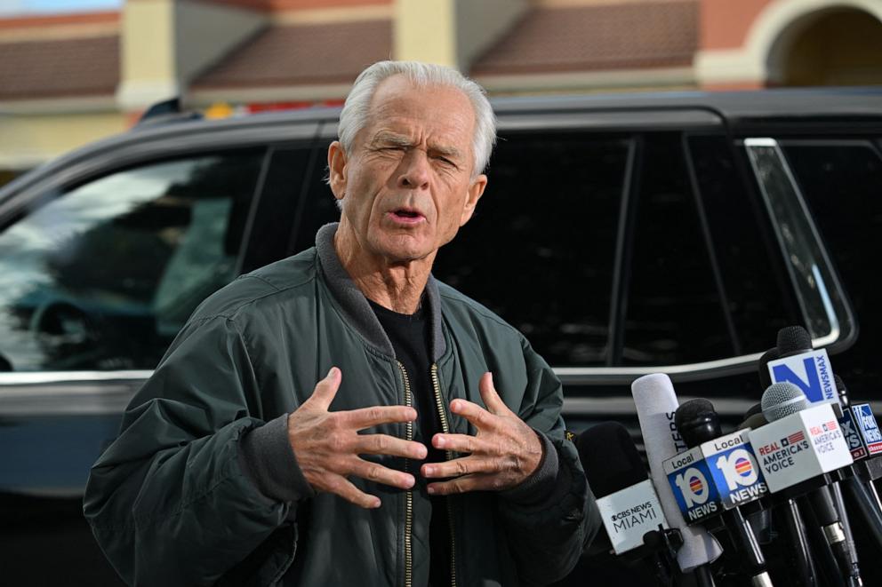 PHOTO: Peter Navarro speaks to the press at the Country Mall Plaza before reporting to the Federal Correctional Institution, in Miami, Florida, Mar. 19, 2024.