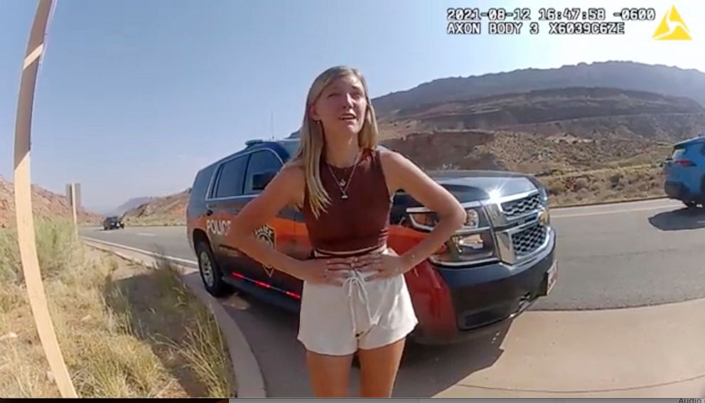 Gabby Petito's parents file $50M wrongful death suit against Utah police 1 PHOTO: In this image provided by the Moab Police Department, Gabby Petito talks to a police officer after police pulled over the van she was traveling in with Brian Laundrie near the entrance to Arches National Park on Aug. 12, 2021.