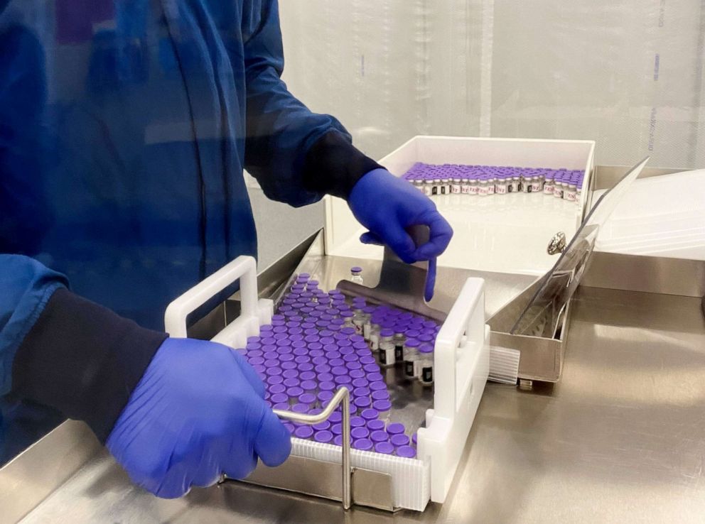 PHOTO: A handout photo made available by pharmaceutical company Pfizer shows vials of the COVID-19 vaccine at an undisclosed laboratory, Nov. 30, 2020. 