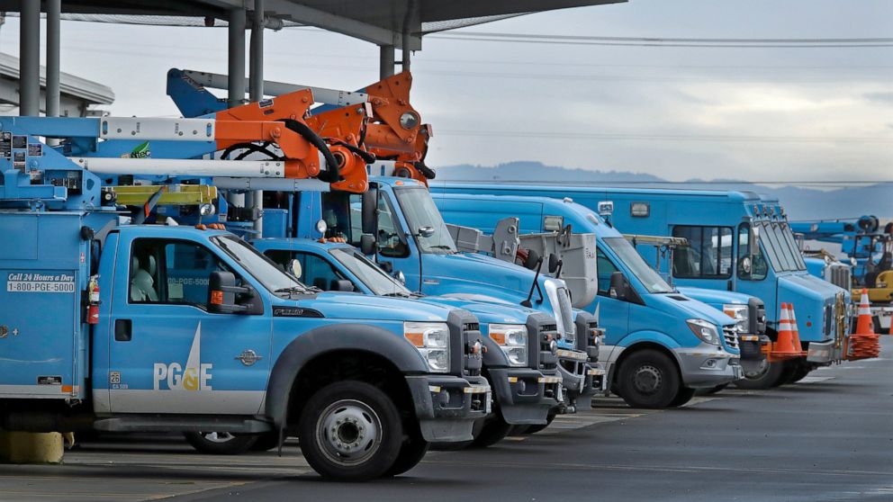 PHOTO: In this Jan. 14, 2019, file photo, Pacific Gas & Electric vehicles are parked at the PG&E Oakland Service Center in Oakland, Calif.
