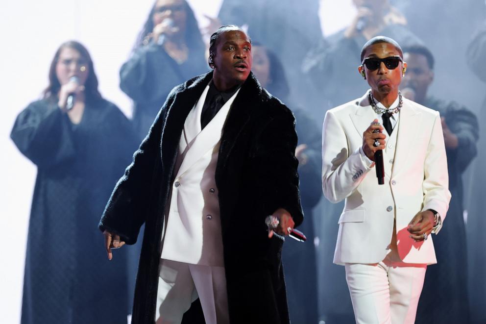 PHOTO: In this Feb. 1, 2026, file photo, Pusha T and Pharrell Williams perform onstage during the 68th Grammy Awards in Los Angeles.