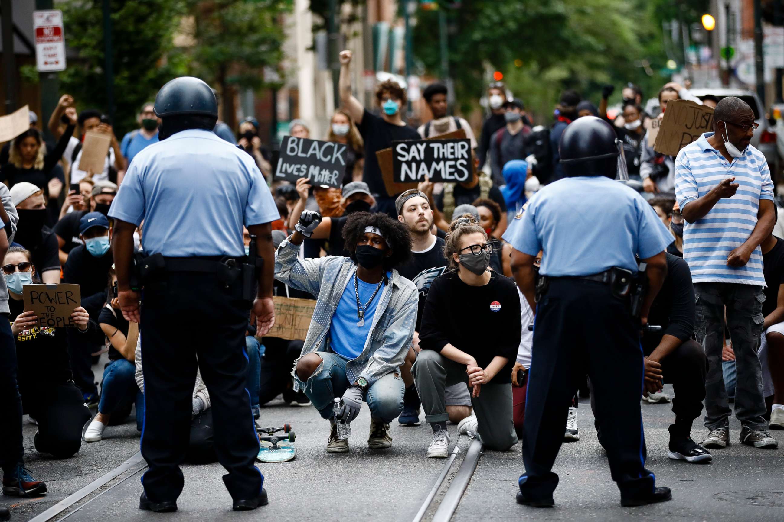 PHOTO: Demonstrators take a knee, June 2, 2020, in Philadelphia, during a protest over the death of George Floyd.