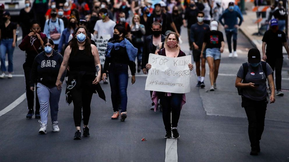 PHOTO: Demonstrators march, June 2, 2020, in Philadelphia, during a protest over the death of George Floyd.