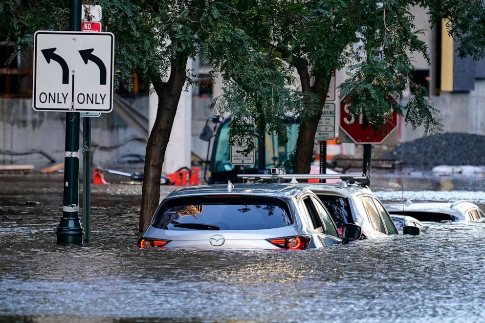 PHOTO: Vehicles are under water during flooding in Philadelphia, Sept. 2, 2021, in the aftermath of downpours and high winds from the remnants of Hurricane Ida that hit the area.