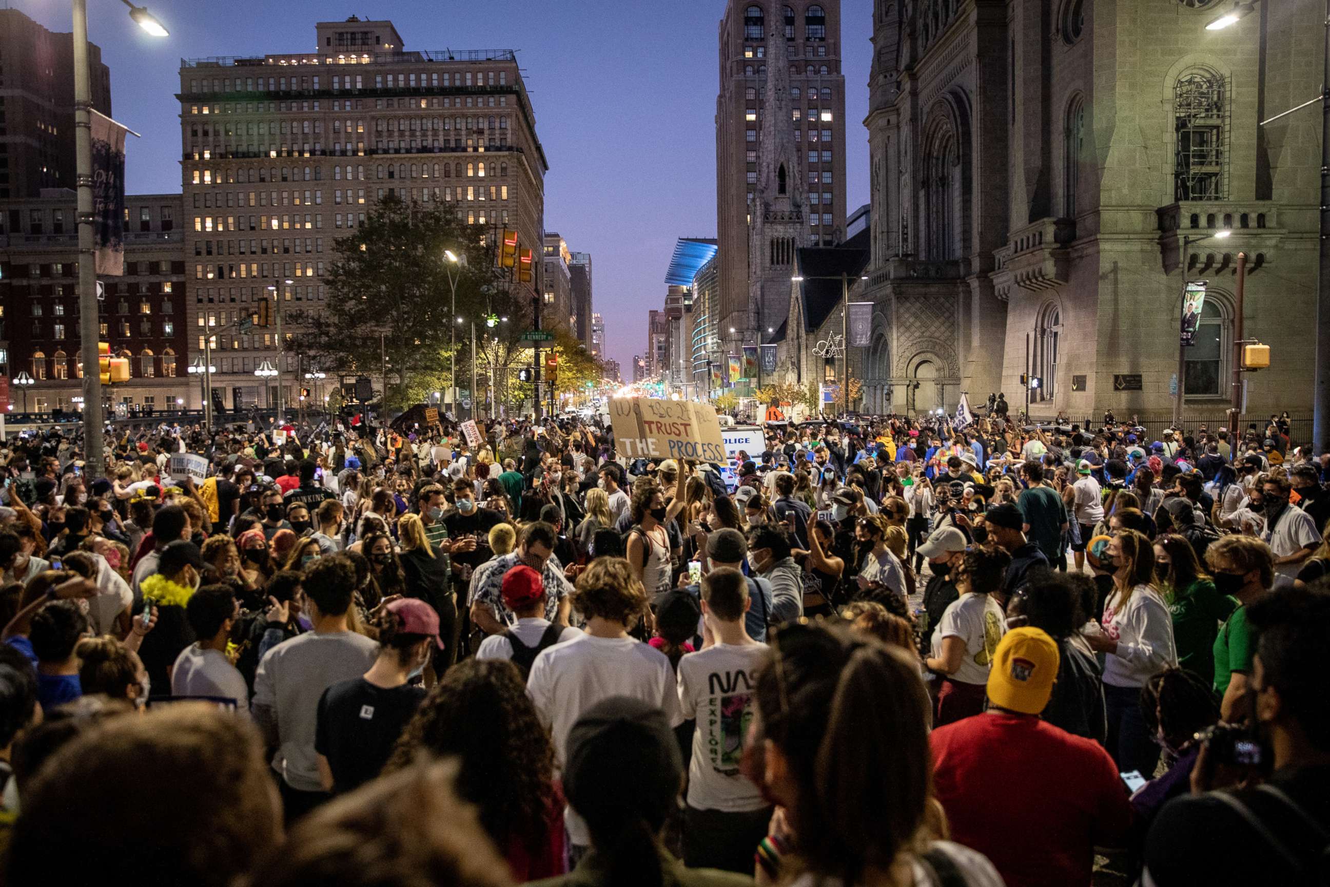 PHOTO: People celebrate in the streets of Philadelphia after multiple media organizations declared Joe Biden President-elect, on Nov. 07, 2020.