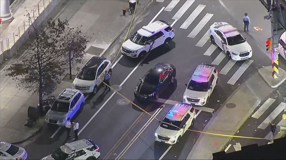  Police analyse   the intersection that was the country   of a shooting that injured 9 successful  the Kensington country  of Philadelphia, Nov.5, 2022.