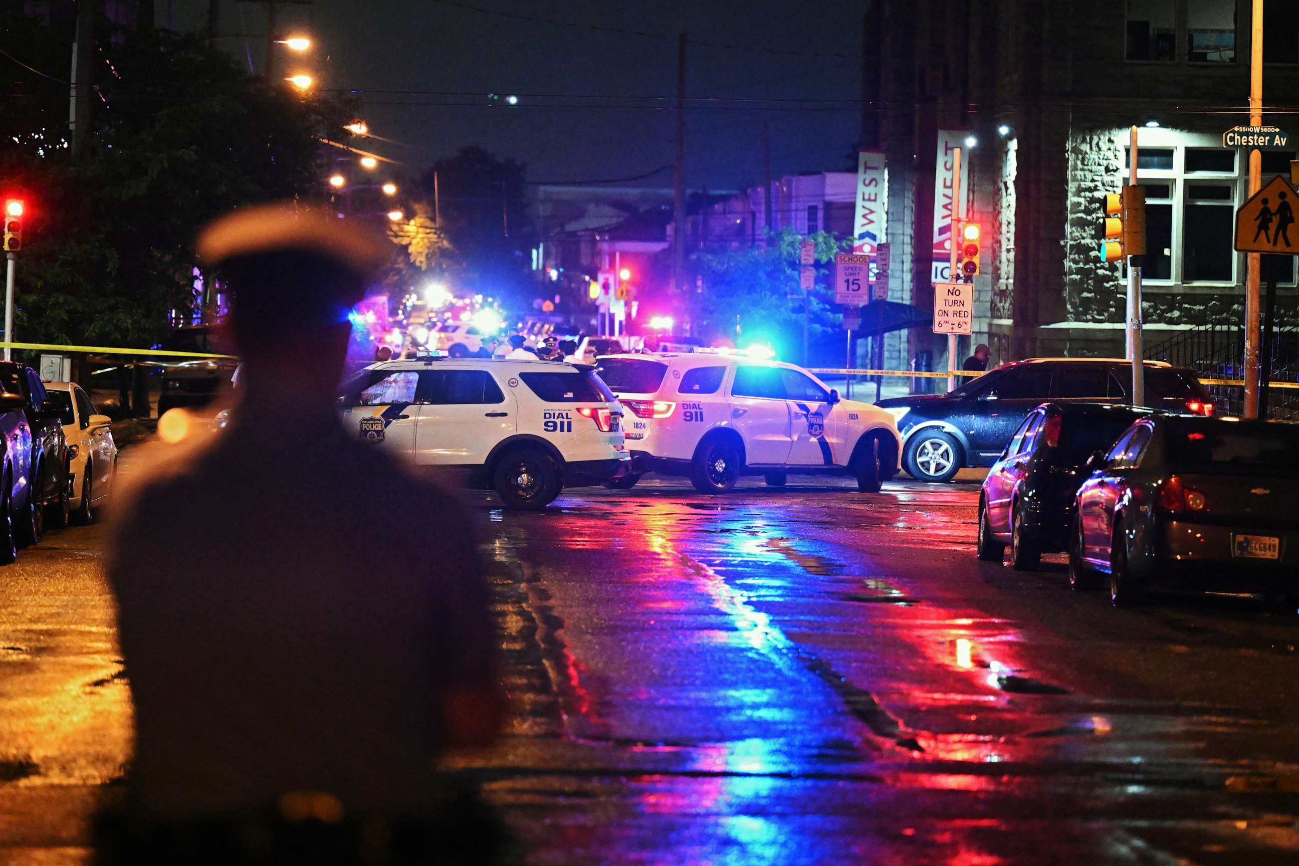 PHOTO: Police work the scene of a mass shooting in the Kingsessing neighborhood of Philadelphia, Pennsylvania, on July 3, 2023.