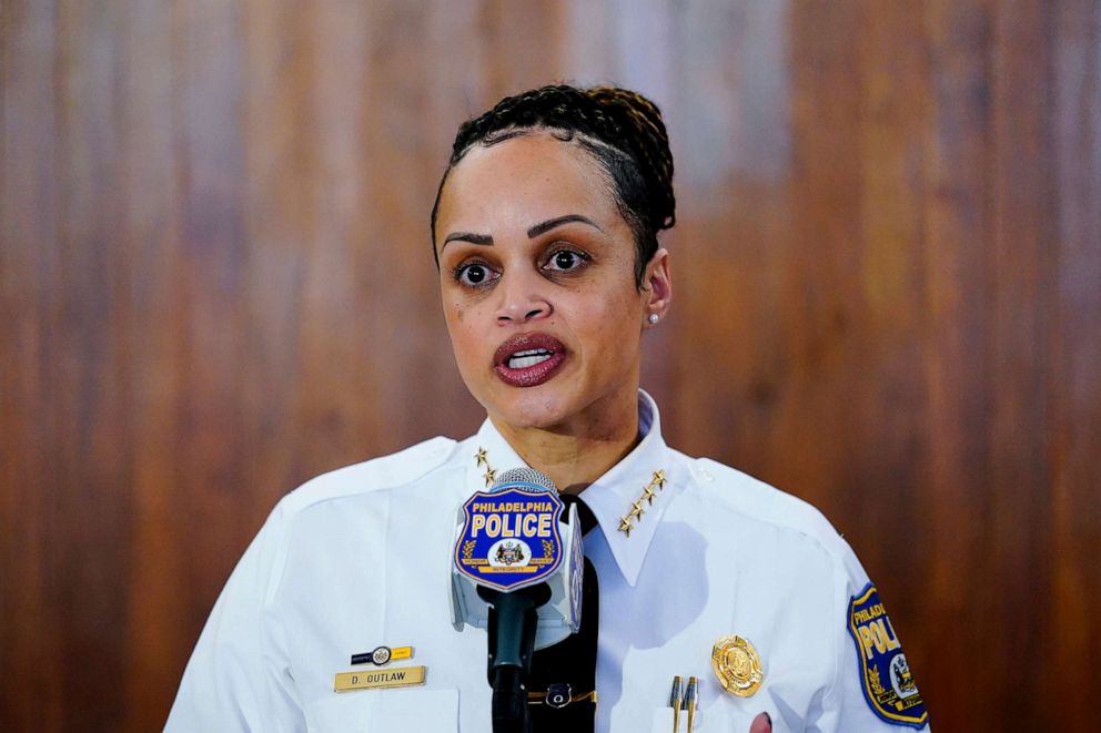 PHOTO: Philadelphia Police Commissioner Danielle Outlaw speaks with members of the media during a news conference in Philadelphia, on March 8, 2022.
