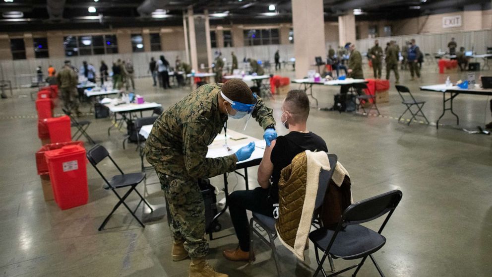 PHOTO: Military personnel administer a COVID-19 vaccine at a FEMA community vaccination center on March 2, 2021 at the Pennsylvania Convention Center in Philadelphia.