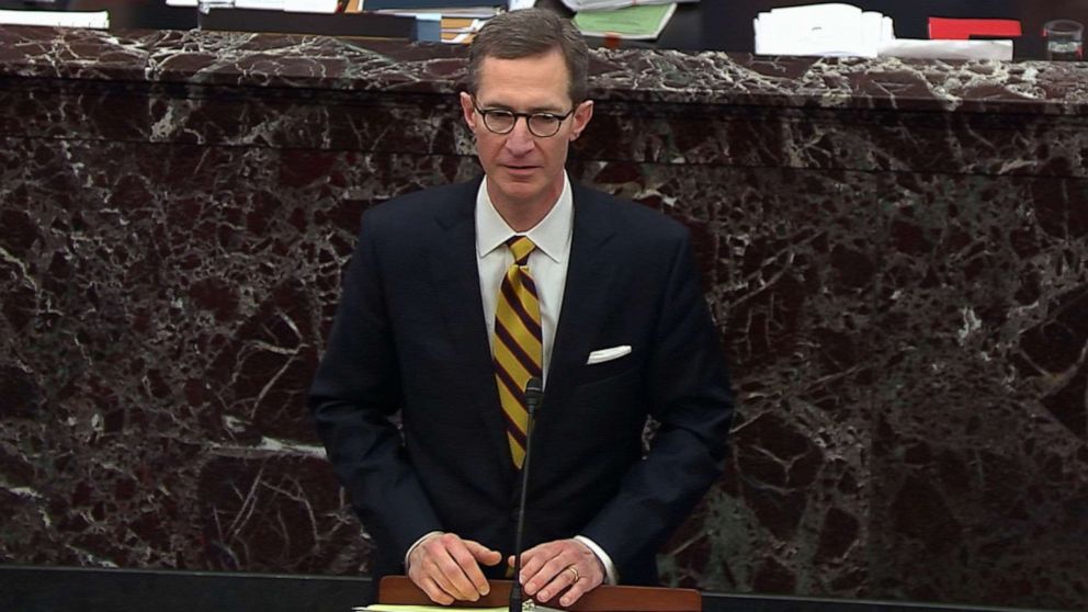 PHOTO: Deputy White House Counsel Patrick Philbin presents opening arguments during impeachment proceedings against President Donald Trump at the Capitol, Jan. 28, 2020