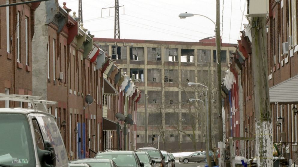 PHOTO: A street view in North Philadelphia includes a closed factory in the background.