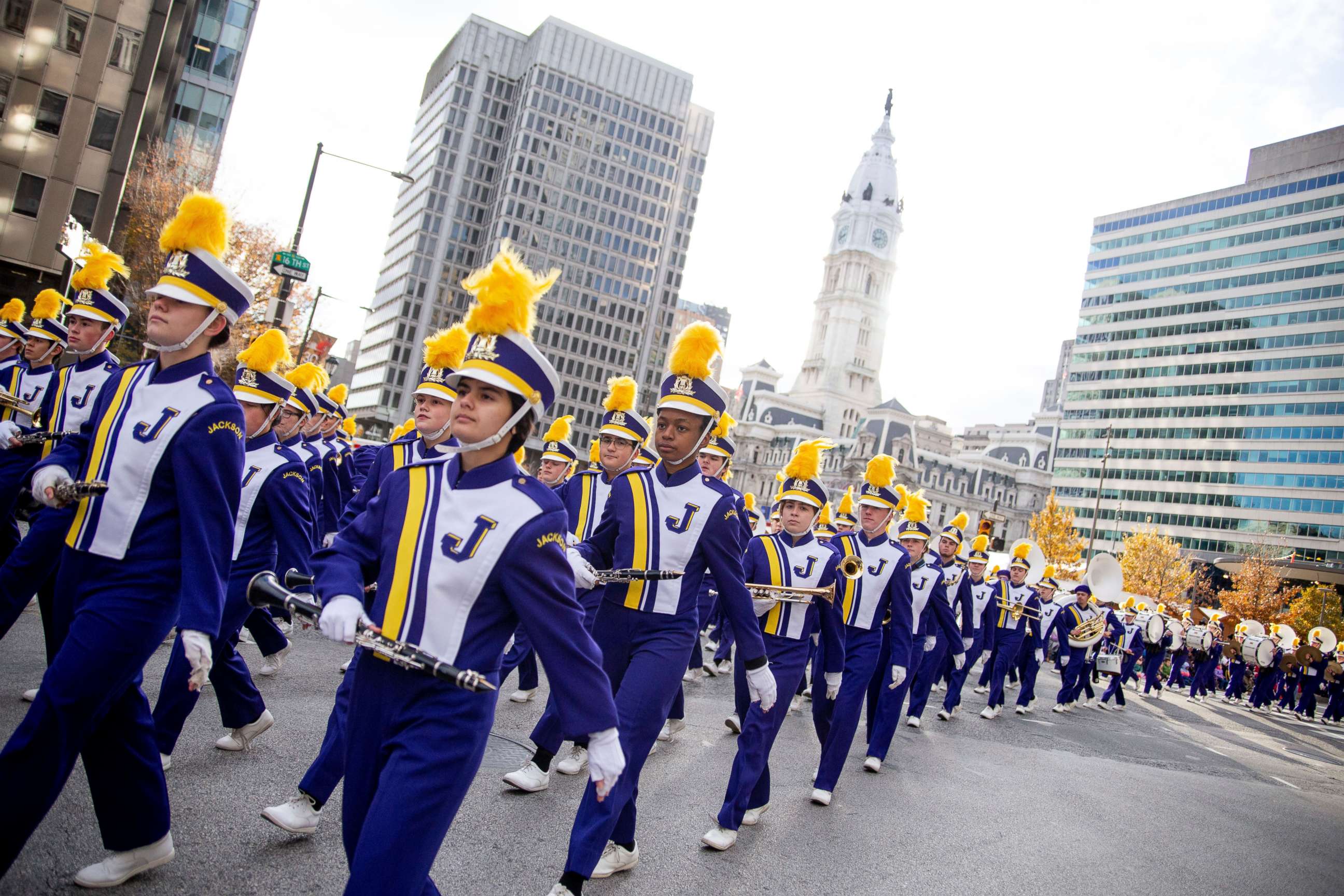 PHOTO: Floats, marching bands and performers make their way past City Hall during the 6ABC Thanksgiving Day Parade in Philadelphia, Nov. 28, 2019.