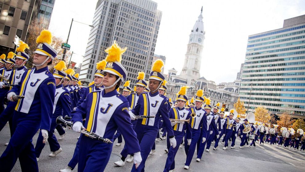 PHOTO: Floats, marching bands and performers make their way past City Hall during the 6ABC Thanksgiving Day Parade in Philadelphia, Nov. 28, 2019.