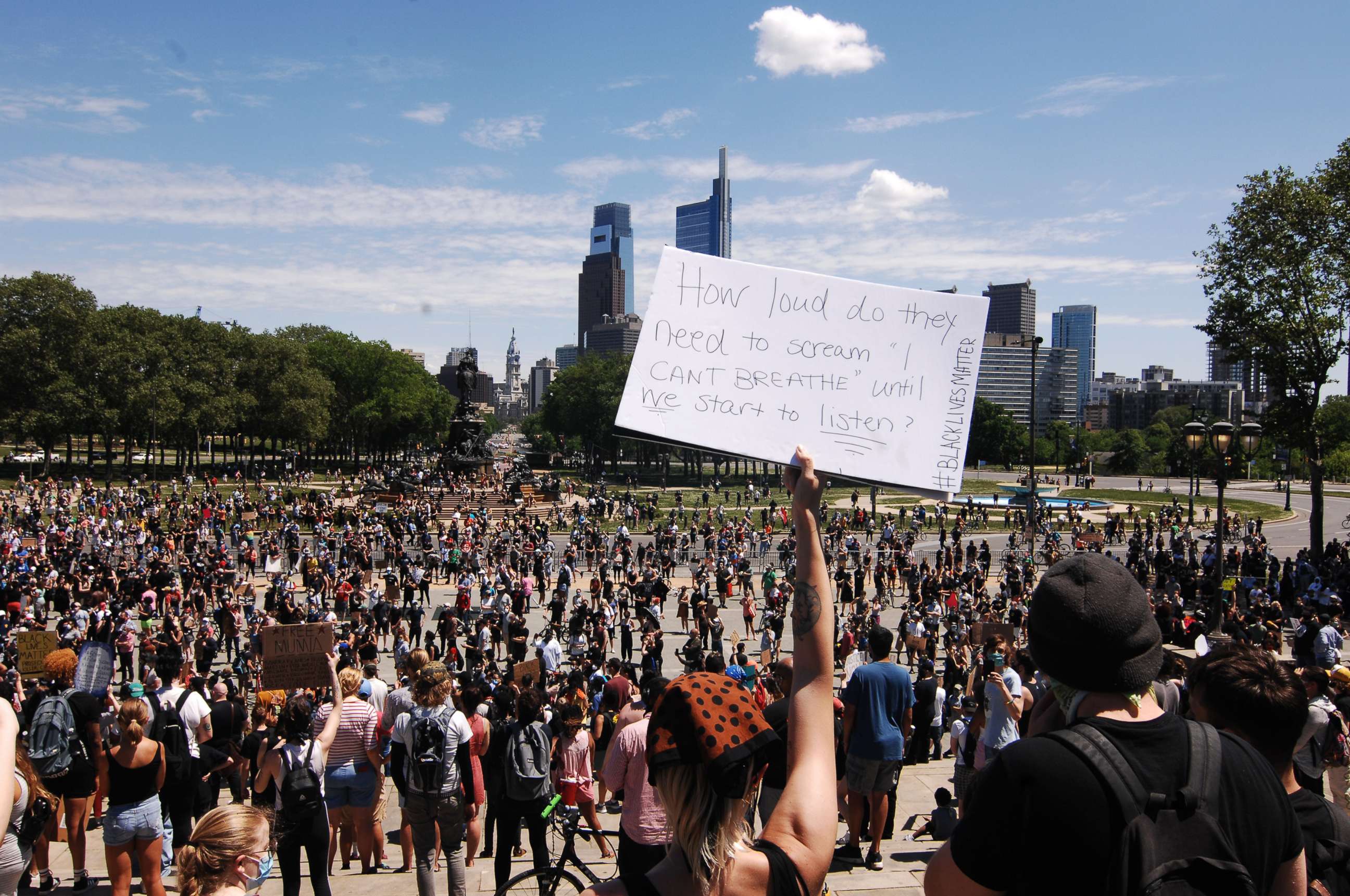 PHOTO: Thousands of Philadelphians rally on the steps of the Philadelphia Art Museum before marching to Center City to demand justice for George Floyd, May 30, 2020, in Philadelphia.