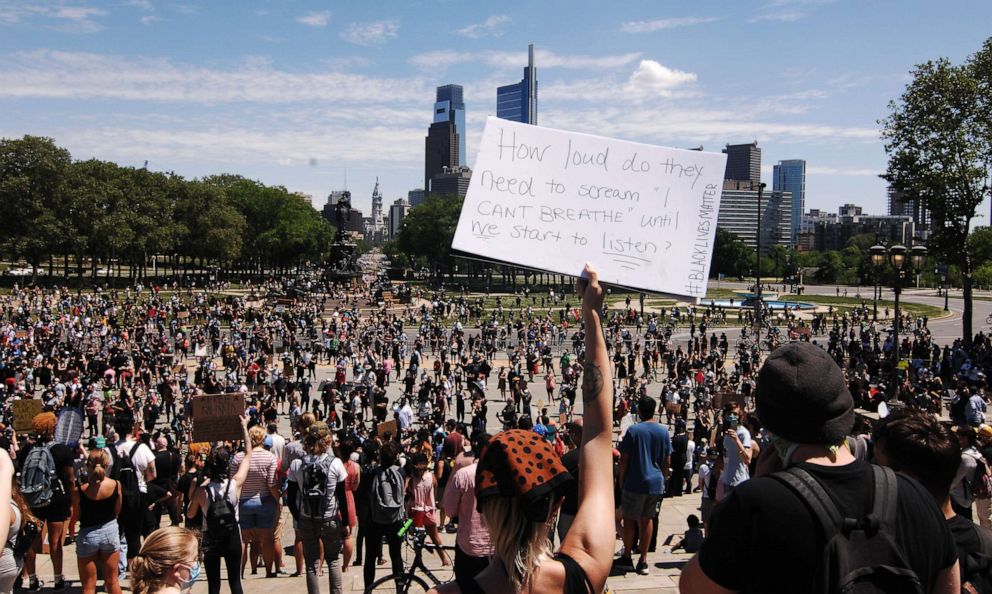 PHOTO: Thousands of Philadelphians rally on the steps of the Philadelphia Art Museum before marching to Center City to demand justice for George Floyd, May 30, 2020, in Philadelphia.