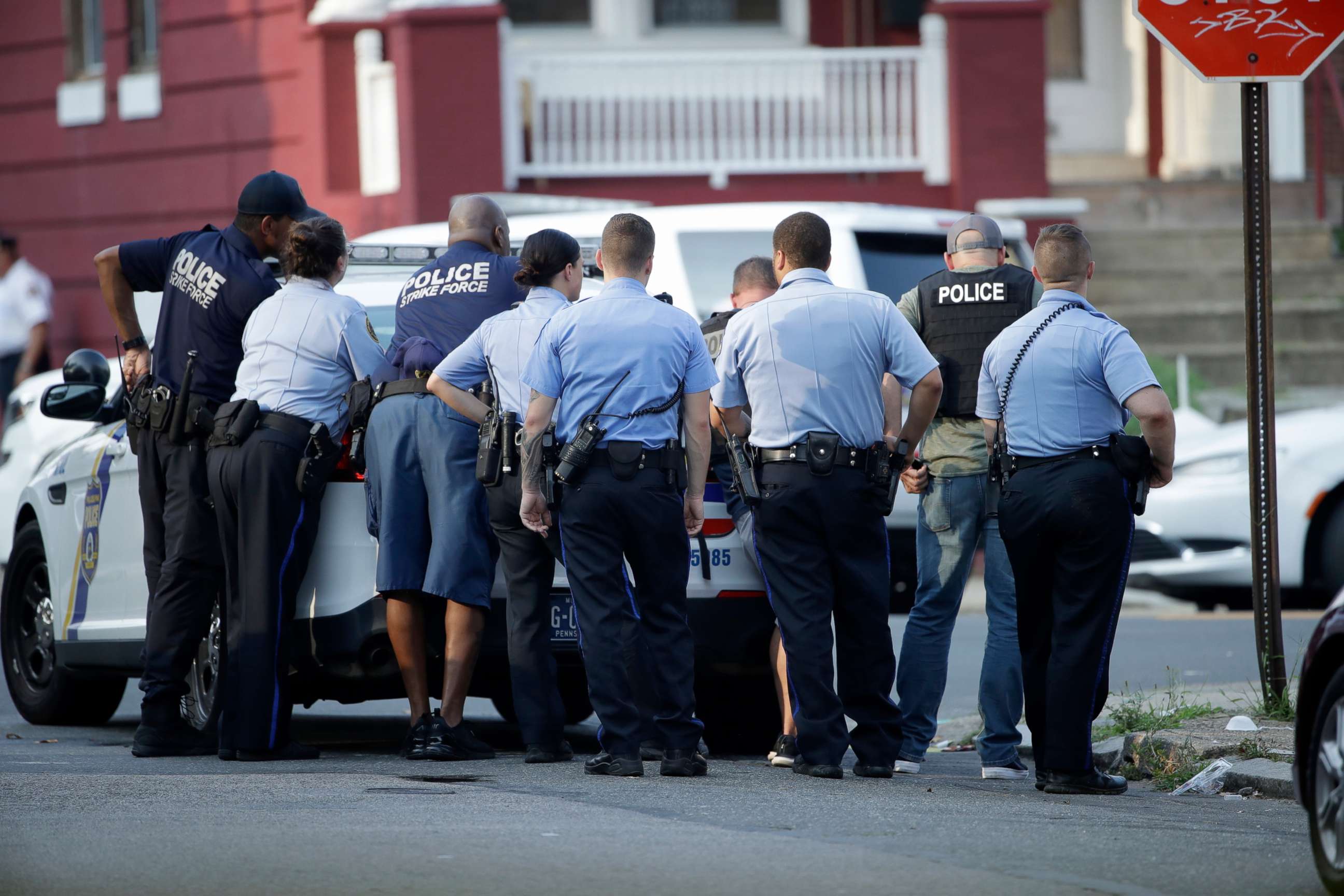 PHOTO: Philadelphia police stage as they respond to an active shooting situation, Aug. 14, 2019, in the Nicetown neighborhood of Philadelphia.