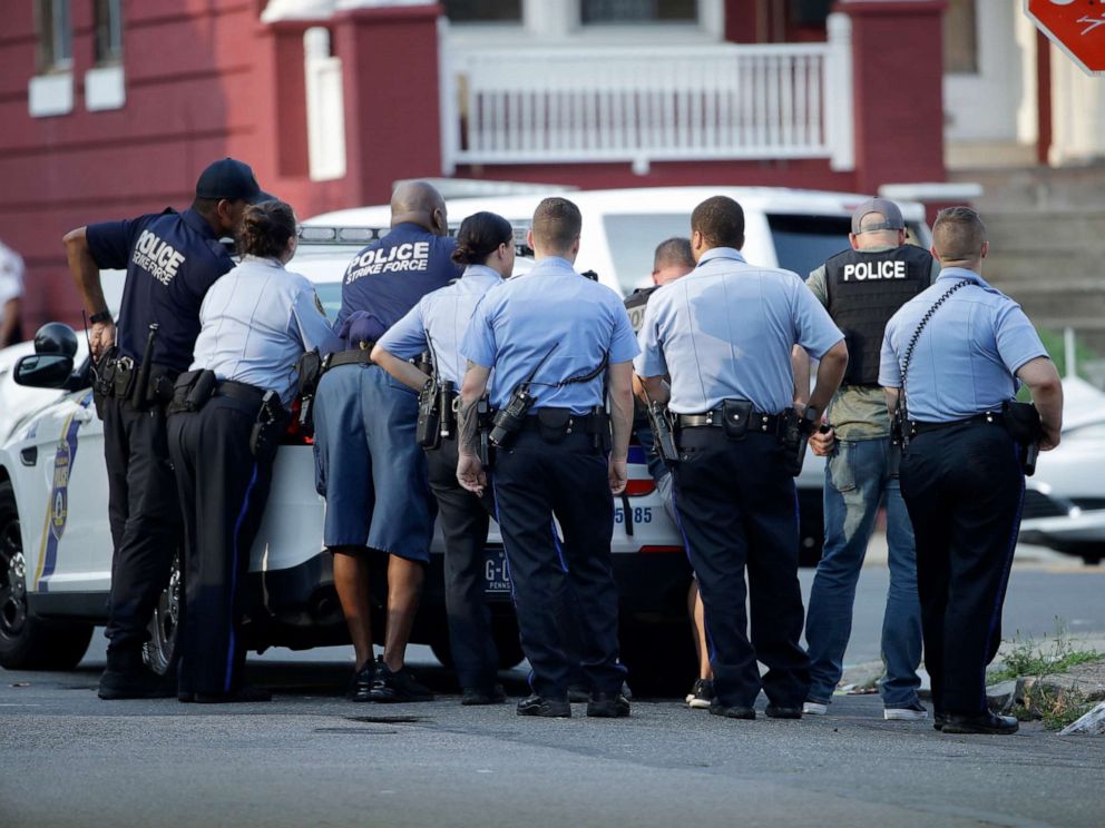 PHOTO: Philadelphia police stage as they respond to an active shooting situation, Aug. 14, 2019, in the Nicetown neighborhood of Philadelphia.