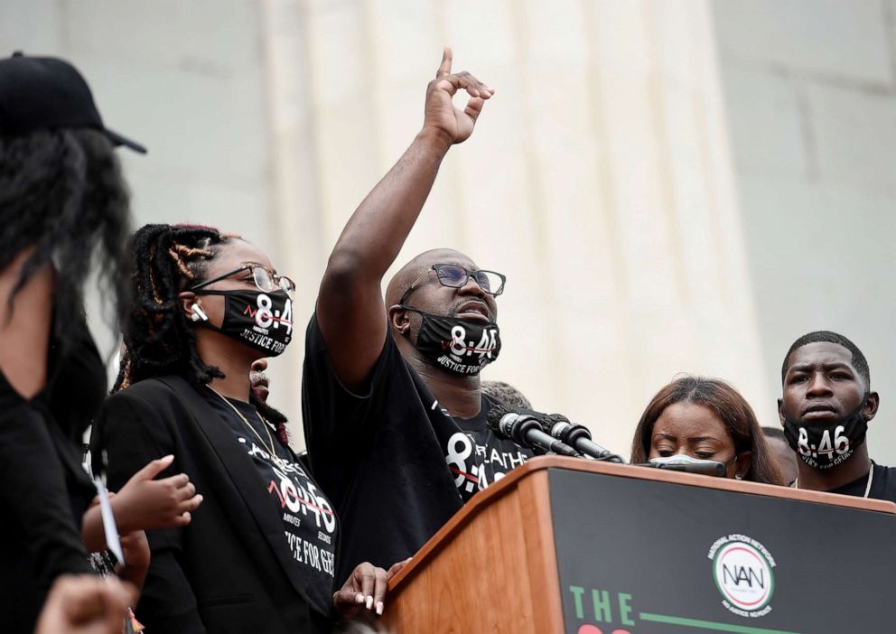 PHOTO: George Floyd's brother, Philonise Floyd, delivers an emotional tribute to his late-brother, at the Lincoln Memorial during the "Get Your Knee Off Our Necks" march in support of racial justice, in Washington, Aug. 28, 2020.