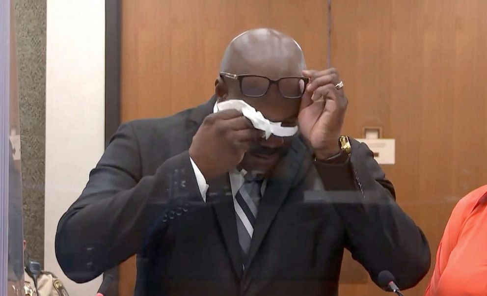 PHOTO: Philonise Floyd, brother of George Floyd, becomes emotional while giving a victim impact statement, June 25, 2021, at the Hennepin County Courthouse in Minneapolis, during the sentencing of former Minneapolis police officer Derek Chauvin.