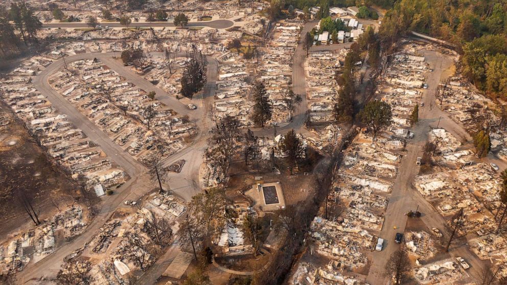 PHOTO: In this aerial view from a drone, a mobile home park destroyed by fire is shown on Sept. 10, 2020, in Phoenix, Ore. Hundreds of homes in the town have been lost due to wildfire.
