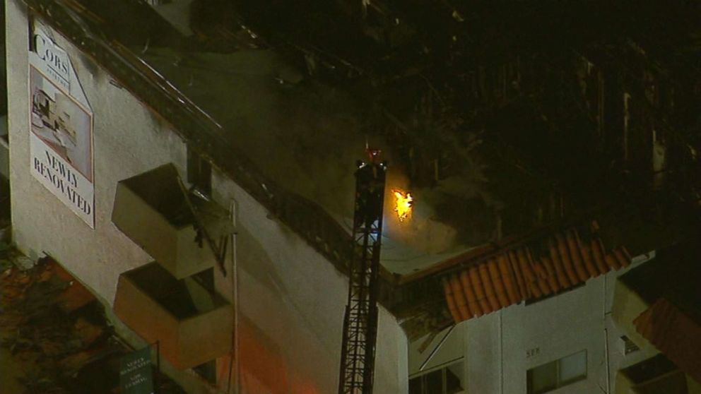 PHOTO: This still taken from video provided by KABC-TV shows a three-alarm fire in a three-story apartment complex in Pico Rivera, Calif., about 14 miles southeast of downtown Los Angeles, Feb. 22, 2018.