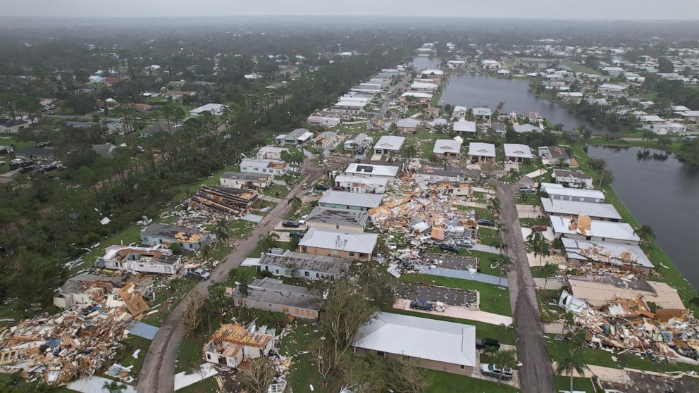 PHOTO: An aerial view shows destruction at the Spanish Lakes country club in Fort Pierce, Fla., in the aftermath of Hurricane Milton, Oct. 10, 2024.