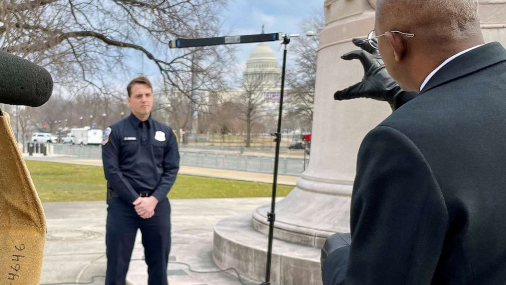 PHOTO: Metropolitan Police Department Office Daniel Hodges speaks with ABC News' Chief Justice Correspondent Pierre Thomas about his experience at the U.S. Capitol when a mob of President Trump supporters attempted to get in.