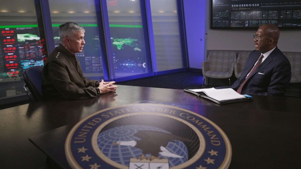 PHOTO: ABC News' Chief Justice Correspondent Pierre Thomas talks with General Paul Nakasone, the Commander of United States Cyber Command, at NSA headquarters in Fort Meade, Md.
