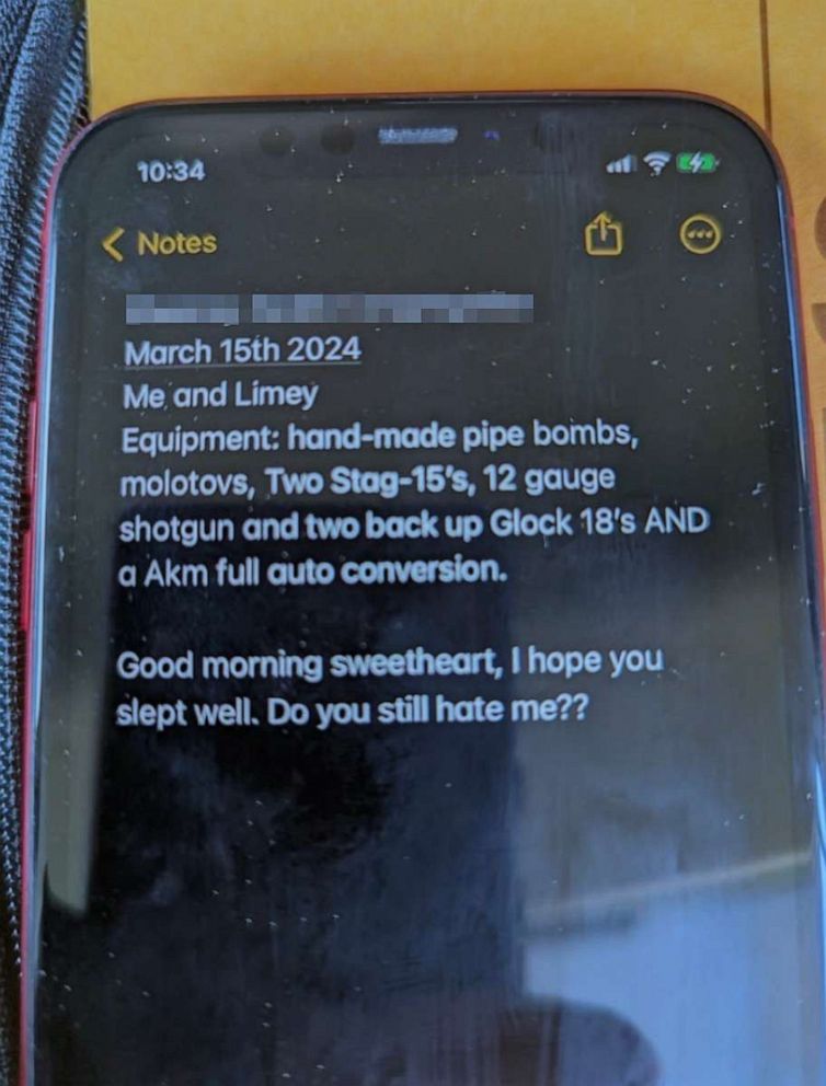 PHOTO: A note found on Seann Pietela’s phone by investigators.