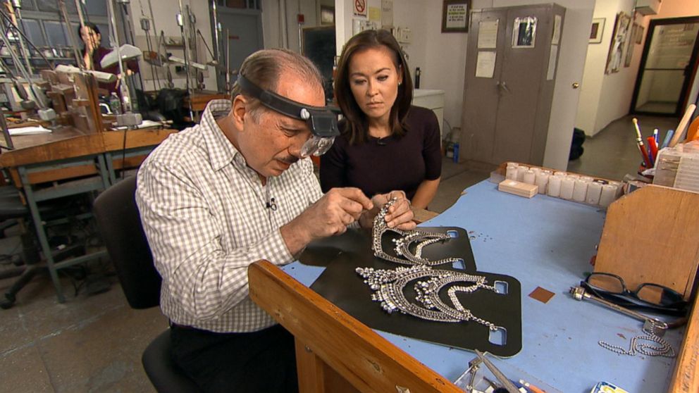 PHOTO: Robert Streppone, the founder of Studio Jewelers, compares two necklaces with ABC News' Eva Pilgrim.