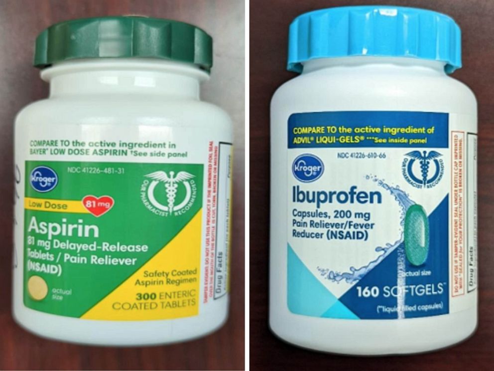 PHOTO: Kroger Aspirin, 300 count bottles and Ibuprofen, 160 count bottles have been recalled due to the packaging of the products not being child resistant, posing a risk of poisoning if the contents are swallowed by young children.