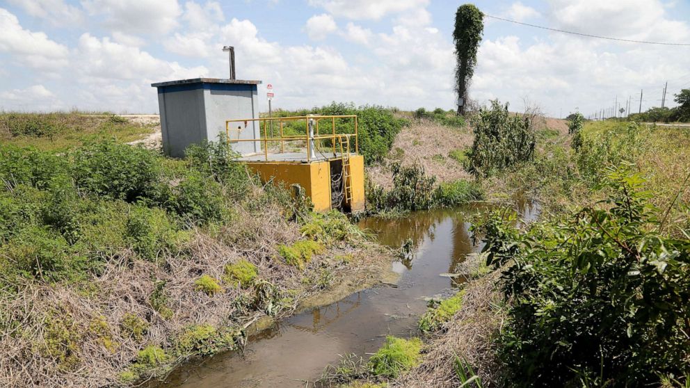 PHOTO: Wastewater is suspected to be leaking at the old Piney Point phosphate plant at the water management at HRK Holdings' property, in Palmetto, Fla., March 30, 2021.