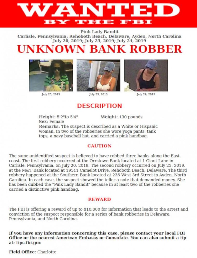 PHOTO: The FBI is searching for a a woman being referred to as the "Pink Lady Bandit" after she allegedly robbed multiple banks.