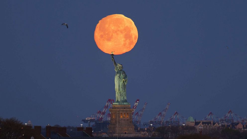 PHOTO: A Pink Supermoon sets behind the Statue of Liberty in New York, April 26, 2021.