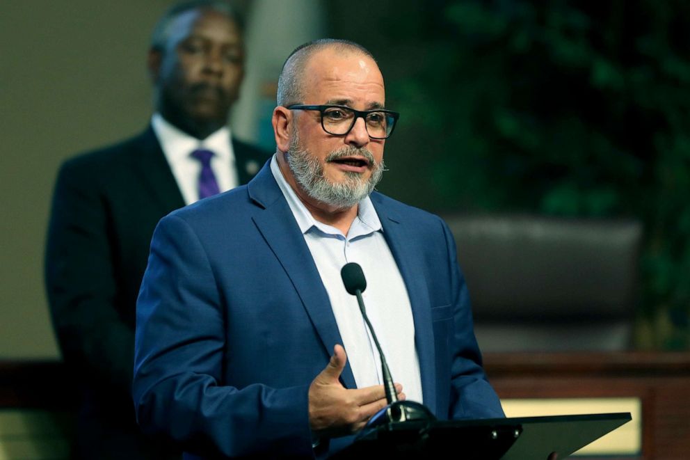 PHOTO: Dr. Raul Pino, Health Officer for the Florida Department of Health in Orange County, speaks during a press conference about COVID-19 hotspots in Orange County at the Orange County Administration Center, April 3, 2020, in Orlando, Fla. 