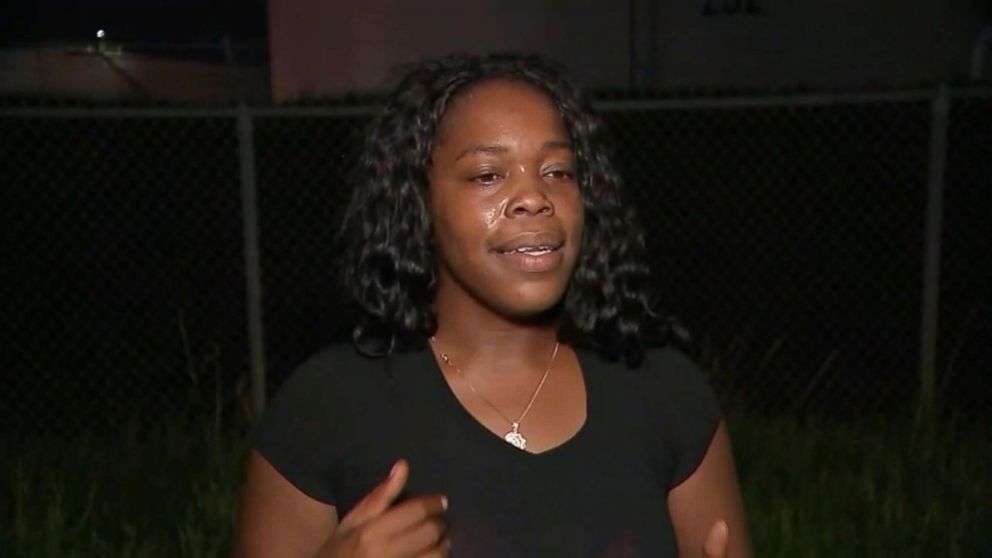 PHOTO: Ashley Laudermilk talks to reporters about an incident where a metal pipe smashed through her windshield while she was driving on a highway in Houston, Texas, Sept. 5, 2018.