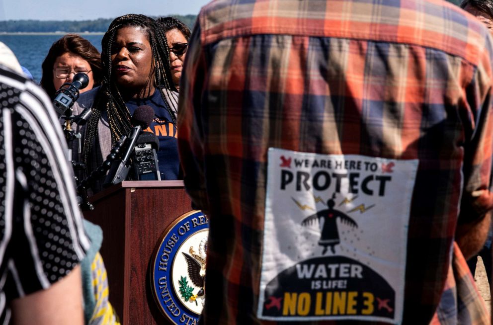 PHOTO: BEMIDJI, MN - SEPTEMBER 04: Rep. Cori Bush (D-MO) (L) speaks at a press conference to address the Line 3 Pipeline project at Nymore Beach on September 4, 2021 in Bemidji, Minnesota.