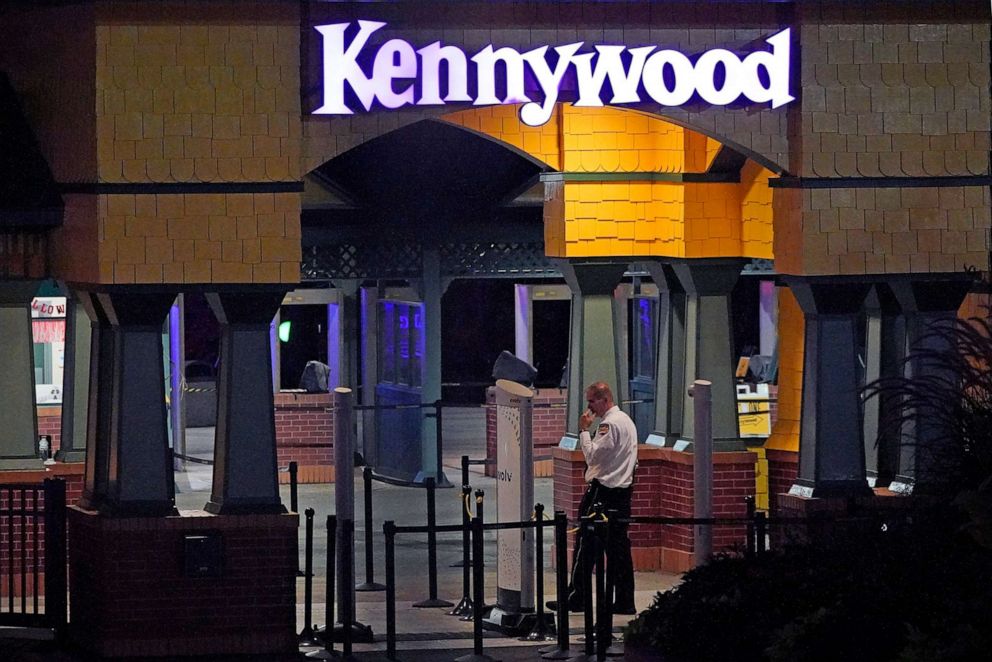 PHOTO: A Kennywood Park security guard stands at the main entrance to the amusement park in West Mifflin, Pa., early Sept 25, 2022. 