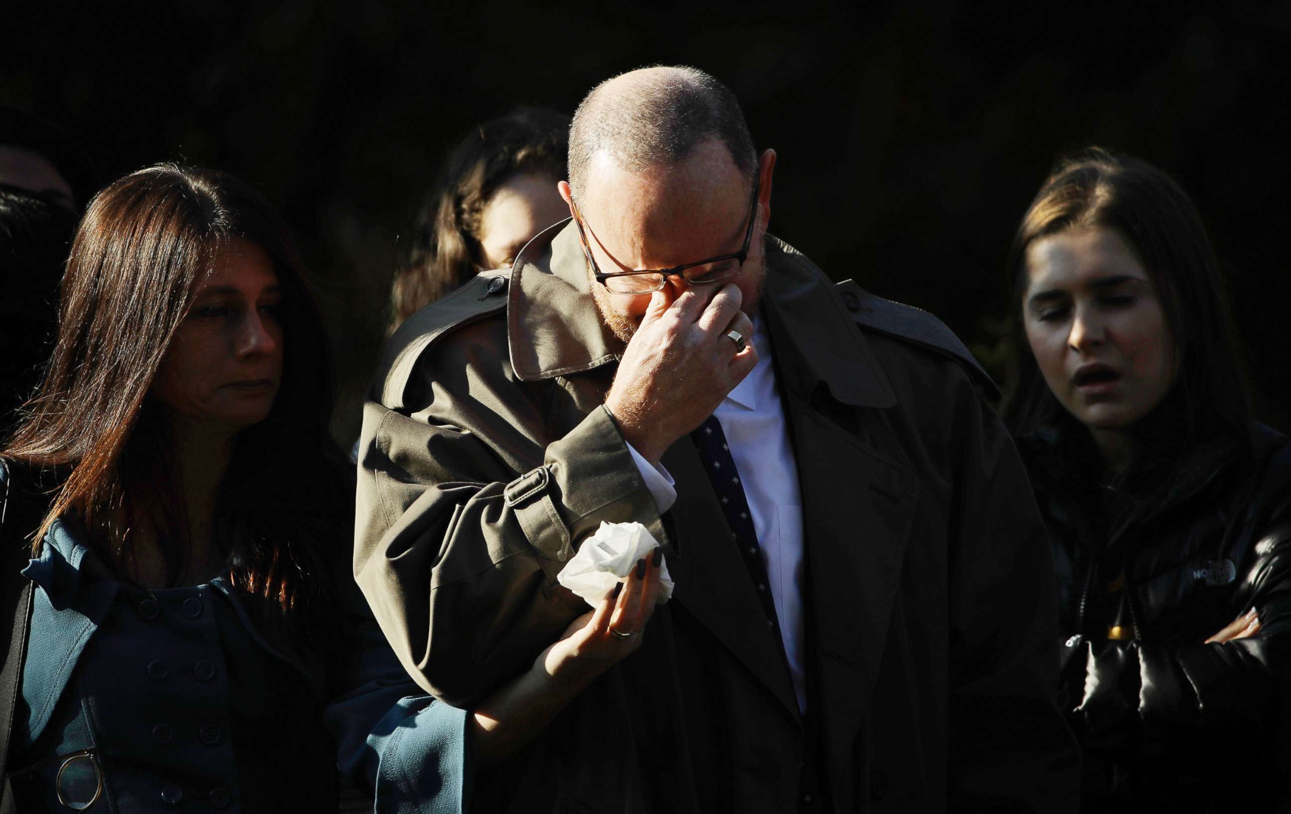 PHOTO: A mourner reacts outside Rodef Shalom Congregation before the funeral services for brothers Cecil and David Rosenthal, Oct. 30, 2018, in Pittsburgh.