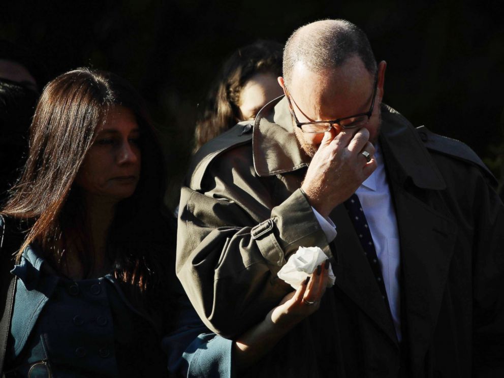 PHOTO: A mourner reacts outside Rodef Shalom Congregation before the funeral services for brothers Cecil and David Rosenthal, Oct. 30, 2018, in Pittsburgh.