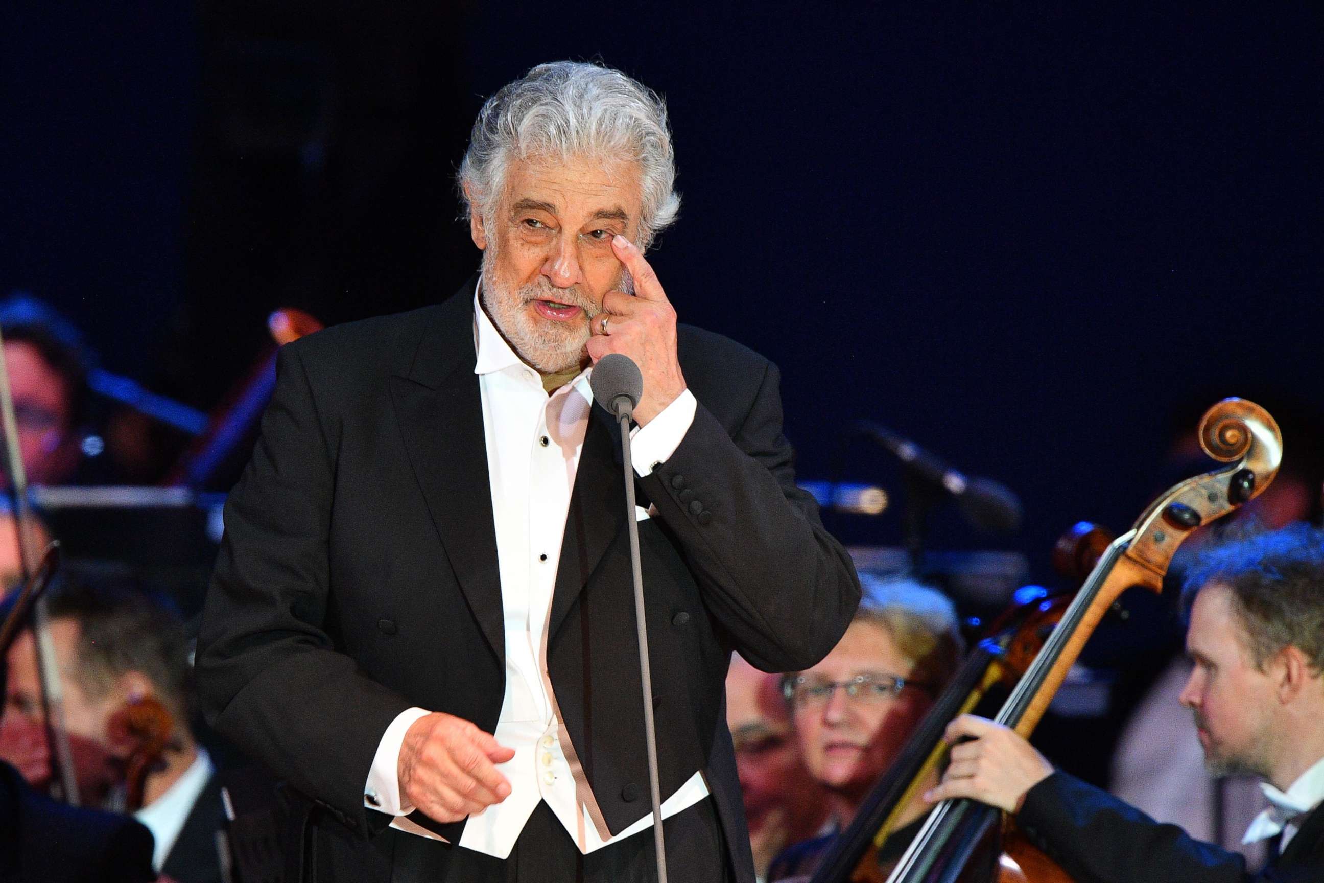 PHOTO: Spanish tenor Placido Domingo gestures as he performs during his concert in Szeged, southern Hungary, on Aug. 28, 2019.