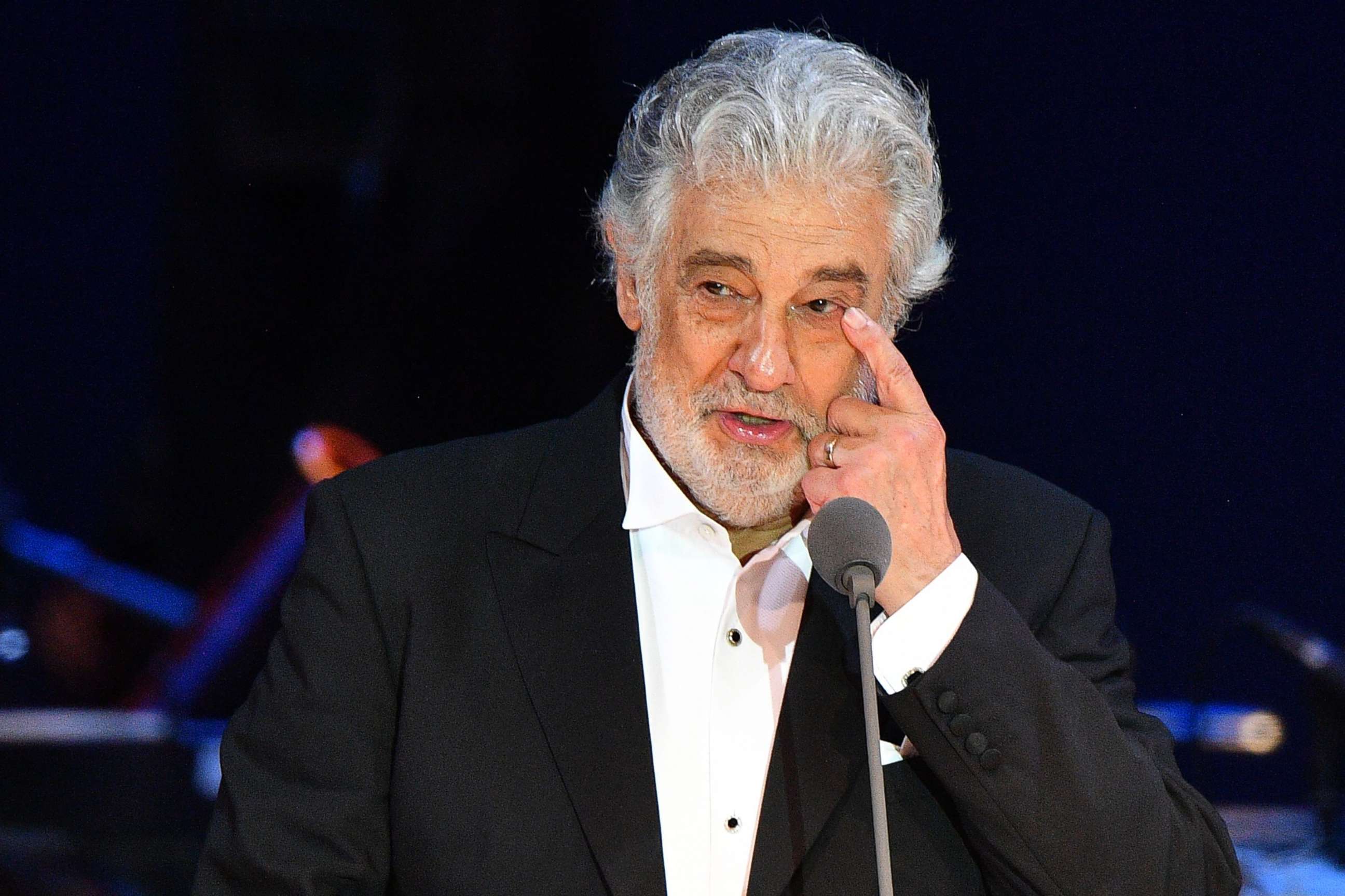 PHOTO: Spanish tenor Placido Domingo gestures as he performs during a concert in Szeged, Hungary, Aug. 28, 2019.