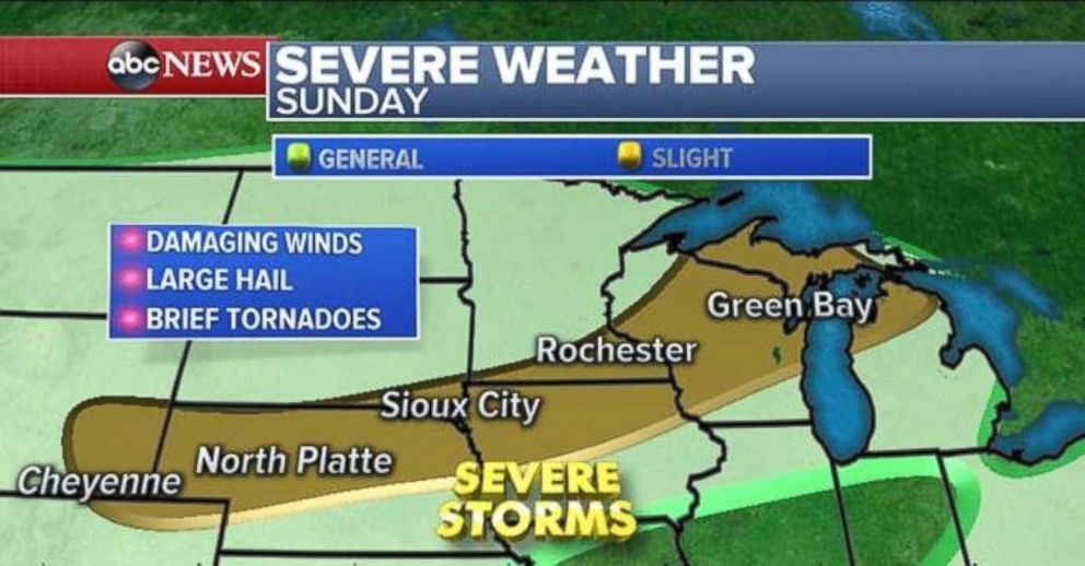 Severe storms are possible from Wyoming to Michigan on Sunday.