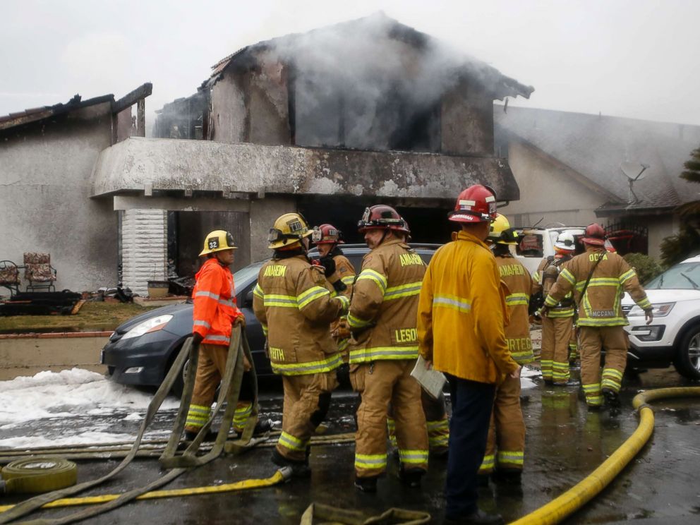 PHOTO: Firefighters respond to the scene of a plane crash at a home in Yorba Linda, Calif., Feb. 3, 2019. A twin-engine Cessna 414A crashed in Yorba Linda shortly after taking off from the nearby Fullerton Municipal Airport. 