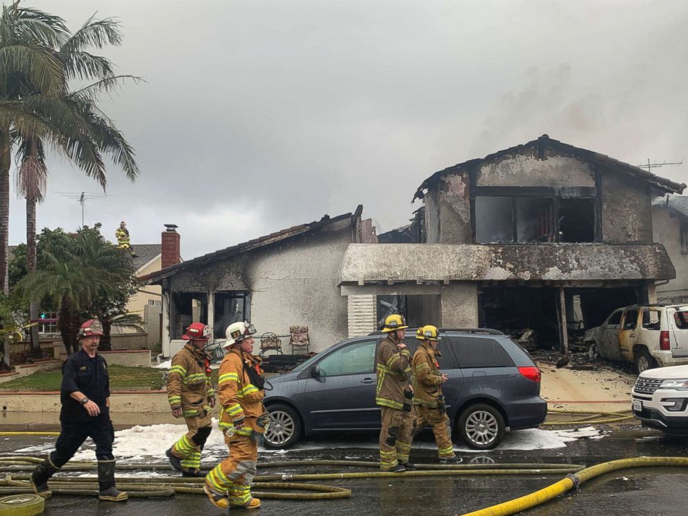 PHOTO: Firefighters respond to the scene of a plane crash at a home in Yorba Linda, Calif., Feb. 3, 2019. A twin-engine Cessna 414A crashed in Yorba Linda shortly after taking off from the nearby Fullerton Municipal Airport. 