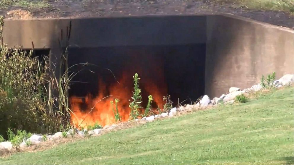 PHOTO: A fire at the scene after Dale Earnhart Jr.'s plane crashed in Tennessee, August 15, 2019.