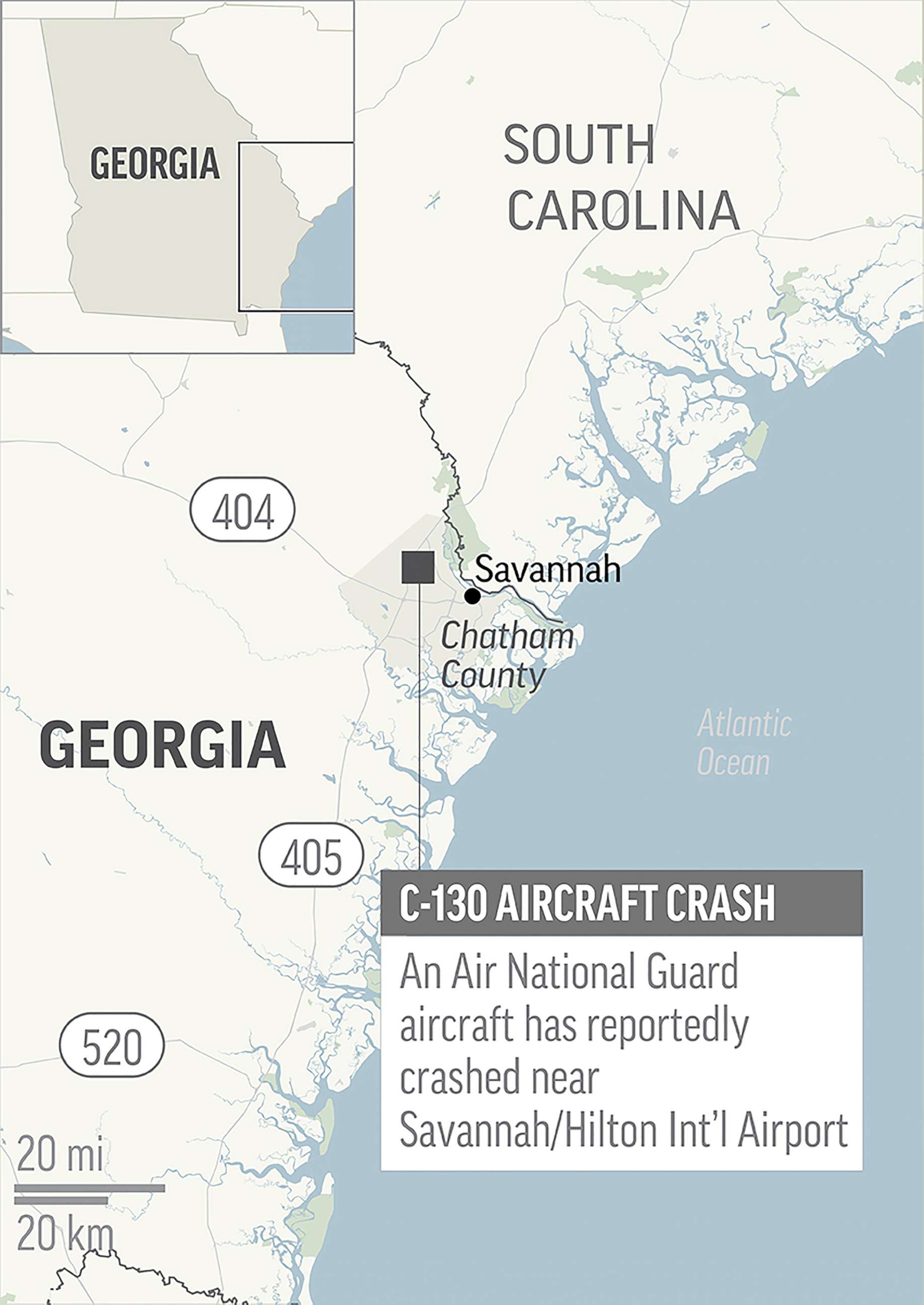PHOTO: This map locates the area where an Air National Guard C-130 has crashed just outside of Savannah, Ga., on May 2, 2018.