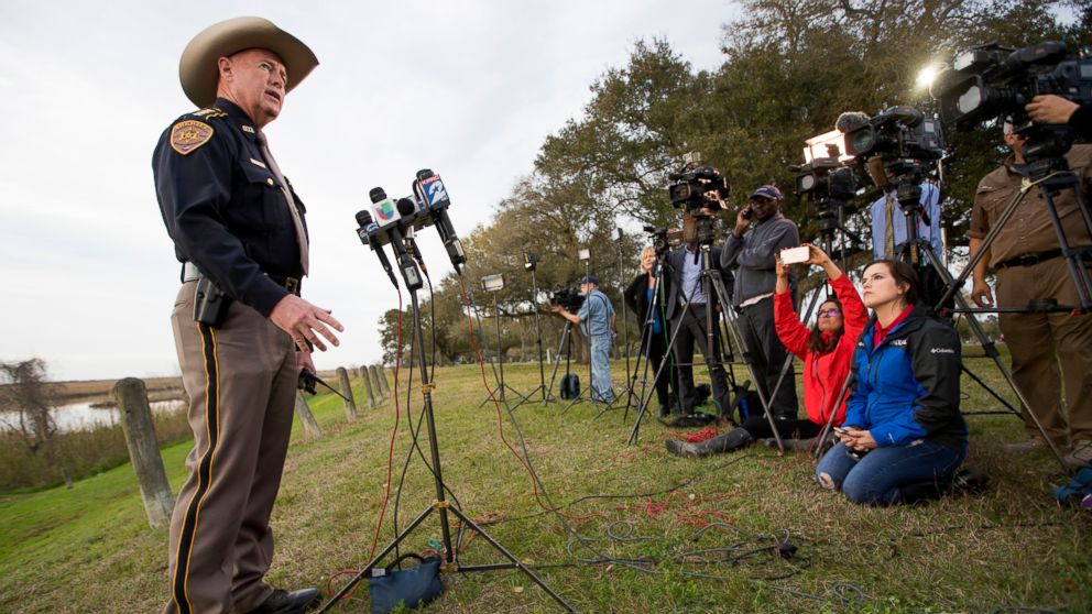 Chambers County Sheriff Brian Hawthorne gives an update on a plane crash in Trinity Bay during a news conference in Anahuac, Texas, Saturday, Feb. 23, 2019.
