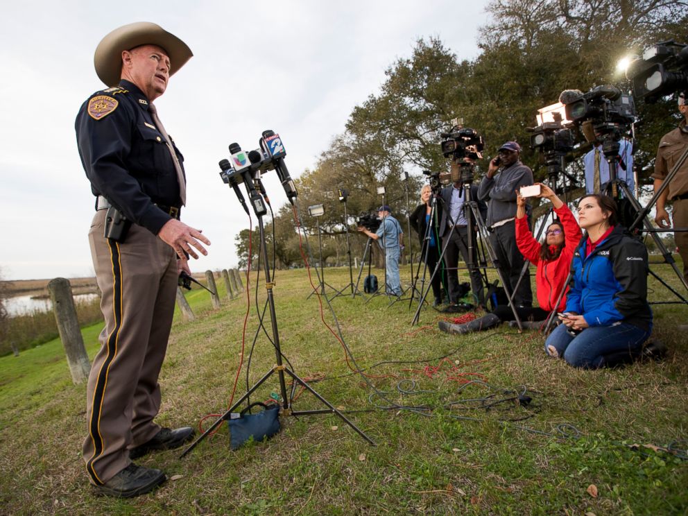 PHOTO: Chambers County Sheriff Brian Hawthorne gives an update on a plane crash in Trinity Bay during a news conference in Anahuac, Texas, Saturday, Feb. 23, 2019.
