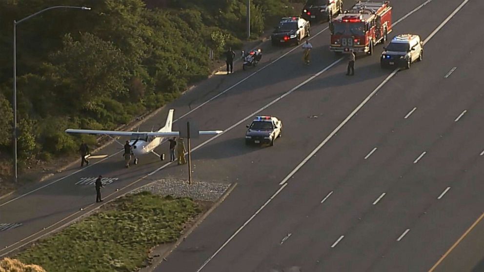 PHOTO: A small airplane made an emergency landing on the 101 Freeway in the Agoura Hills area of California, May 31, 2021.